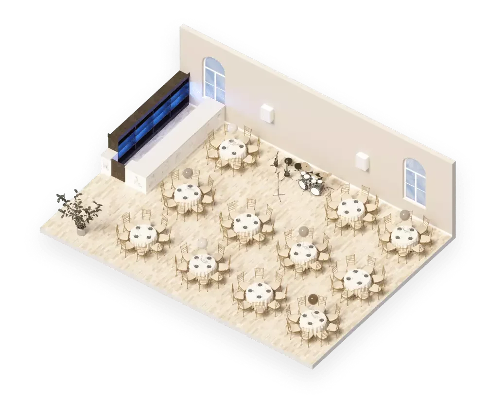 Isometric cutaway render of the Ballroom set for a wedding, with round tables and a floral arch