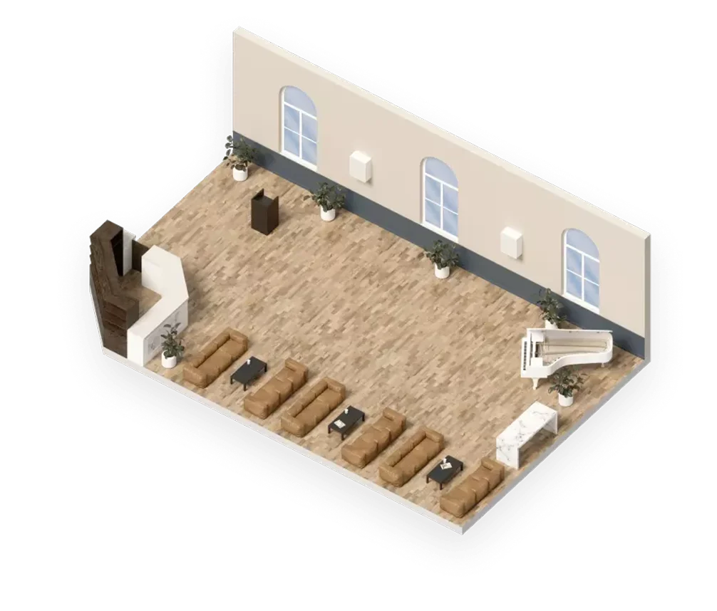 Isometric cutaway render of the Lodge set for a ceremony, with rows of chairs and a floral arch